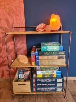 Ein stilvolles Regal vor einer blauen Wand, gefüllt mit verschiedenen Brettspielen wie Die Siedler von Catan, Kartenspielen und Puzzles, beleuchtet von einer Salzlampe.