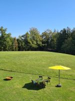 Weite grüne Wiese mit einer kleinen Gartengruppe und Sonnenschirm am Waldrand