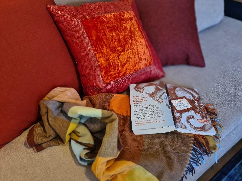 Gemütliche Sofaecke in der Ferienwohnung Perle am Wald mit Büchern und Decke für einen Urlaub ohne Fernseher im Innviertel. Ein aufgeschlagener Roman liegt lesebereit auf einer weichen, bunten Wolldecke neben roten Kissen auf der Couch.