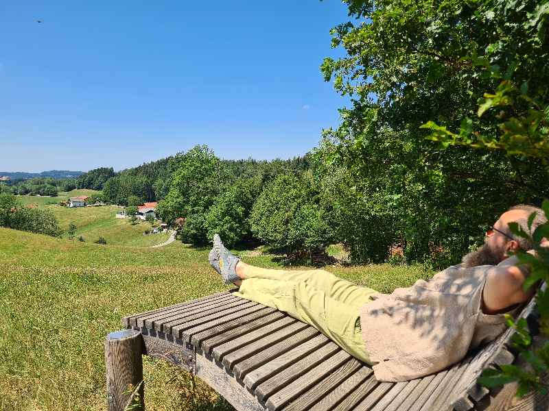 Entspannung pur auf der Panoramaliege direkt am Waldrand nahe der Ferienwohnung am Kobernaußerwald im Innviertel.